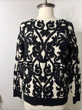 Black and White Textured Floral Sweater